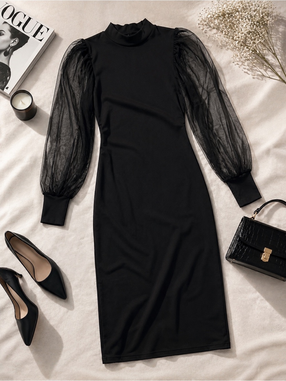 Elegant Black Puff-Sleeve Midi Dress